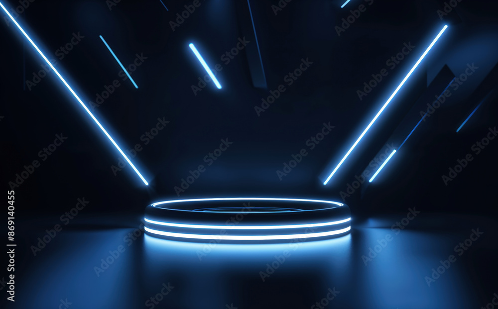 Aufkleber futuristic blue neon round platform with diagonal light streaks in dark room - sci-fi high-tech back