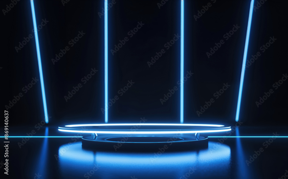 Aufkleber Futuristic Blue Neon Circular Platform in Dark Room with Vertical Light Beams - Sci-Fi High-Tech Background for Product Showcase or Virtual Reality Interface