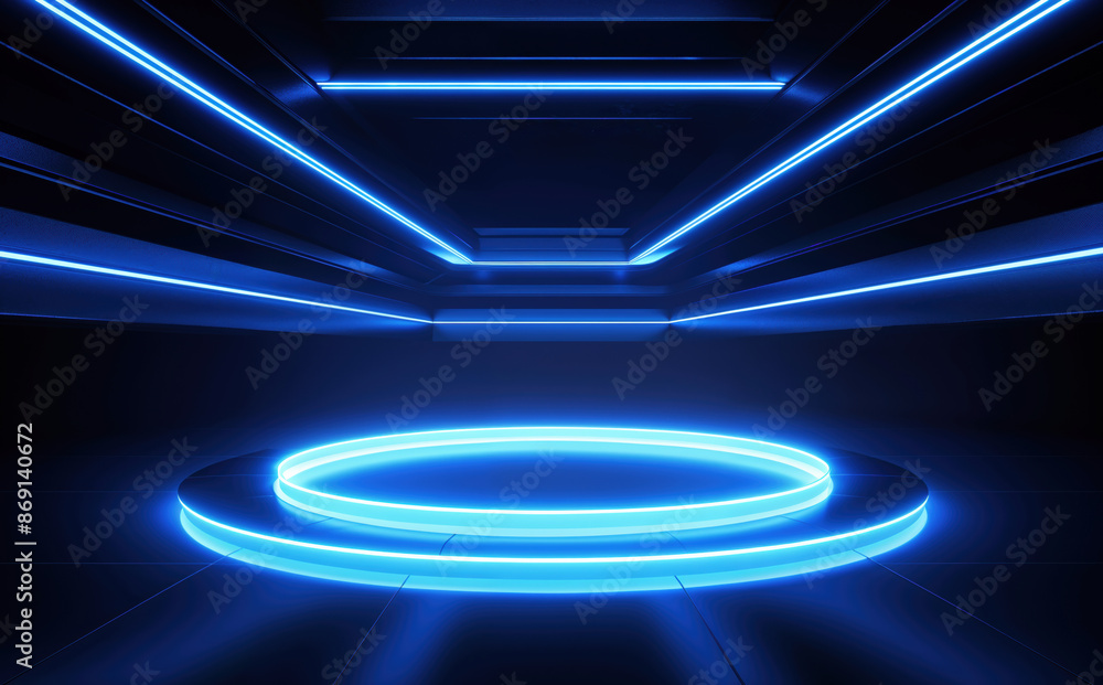 Fototapete futuristic blue neon circular platform with converging light lines in dark room - sci-fi high-tech b