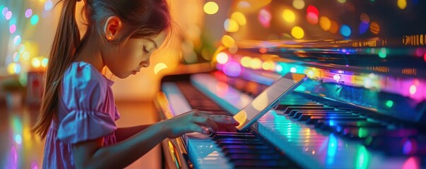 Child playing piano with a teacher using an iPad for digital sheet music, technology concept, close up, private lesson theme, vibrant, overlay, piano room backdrop