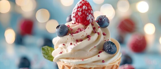 Obraz premium Delicious Vanilla and Berry Topped Ice Cream Cone in Sharpness