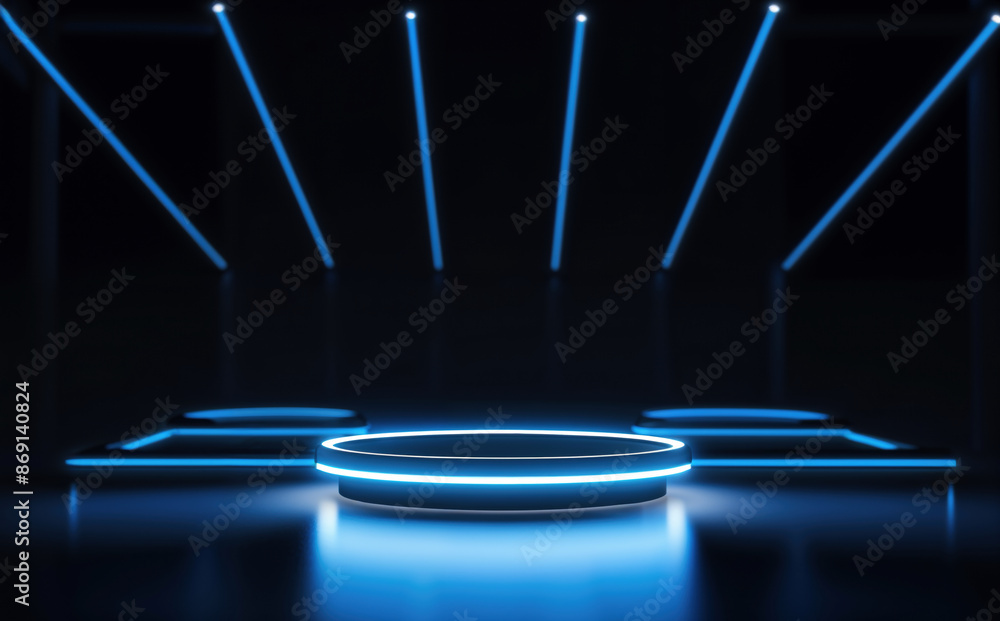 Aufkleber futuristic blue neon circular platform with vertical light beams in dark room - sci-fi high-tech bac