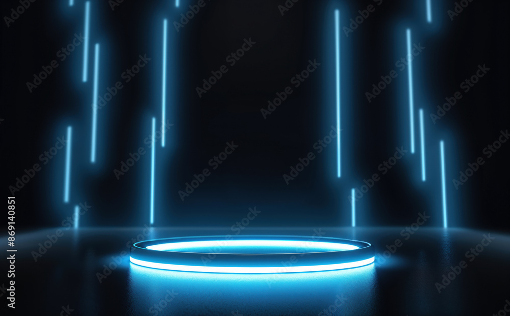 Aufkleber futuristic blue neon circular platform with vertical light stripes in dark room - sci-fi high-tech b