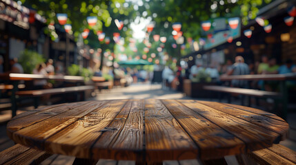 Small coffee table sits on the sidewalk, adorned with miniature flags