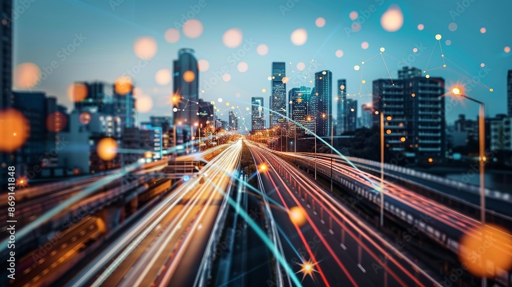 Poster technology connects smart cities and abstract dots through flowing lines, representing the interconn