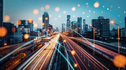Fototapeta premium Technology connects smart cities and abstract dots through flowing lines, representing the interconnectedness of big data in modern urban environments.