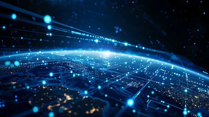 Obraz premium Digital Global Network and Connectivity on Futuristic Earth with Clear Space