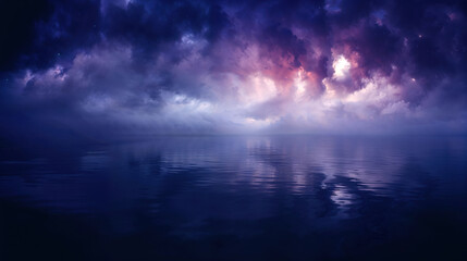 Fototapeta premium serene twilight landscape with dramatic purple and pink clouds reflecting over calm water. High quality photo