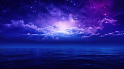 Fototapeta premium breathtaking night sky with vibrant purple and blue clouds reflecting over calm ocean. High quality photo