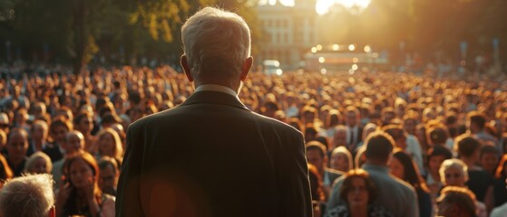 Inspirational Speech by Public Figure to Massive Crowd at Open-Air Event in Quality