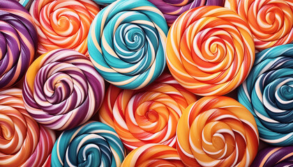 Colorful lollipop swirls, abstract texture background. Sweet candies top view, closeup tasty food