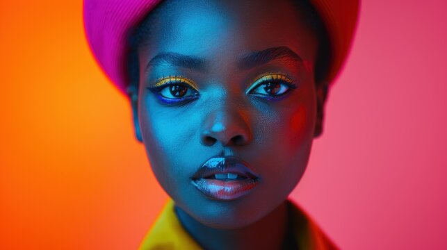 Vibrant portrait of a woman with colorful makeup and background, exuding confidence and style, featuring bold hues and artistic lighting.