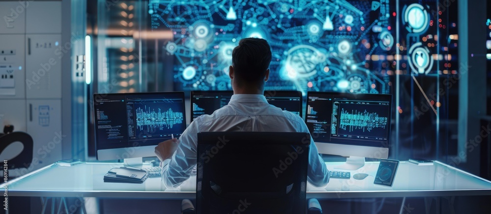 Poster professional examining real-time data on multiple screens during night shift in high-tech environmen