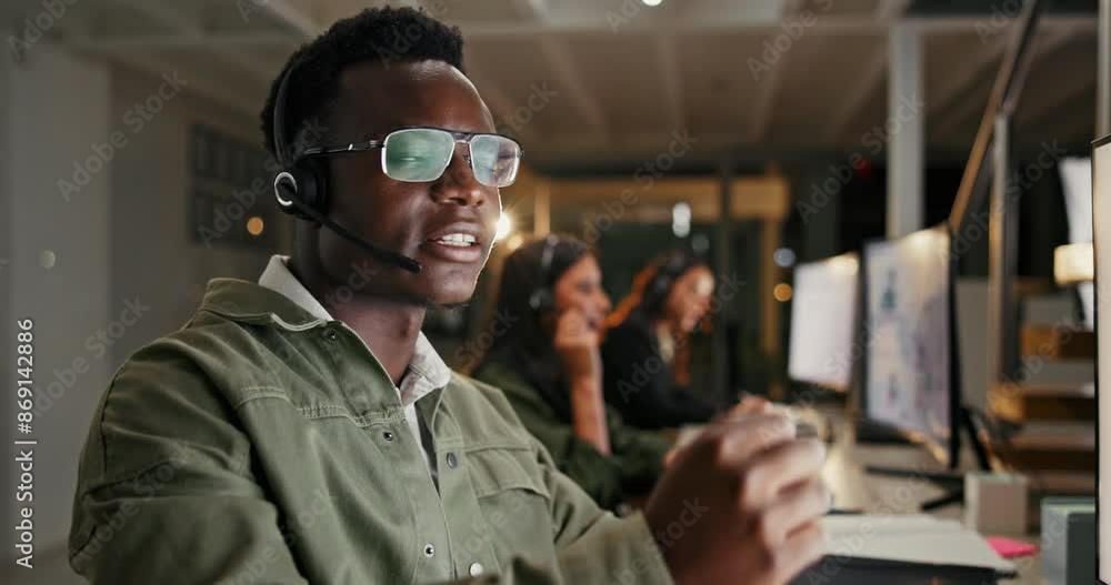Aufkleber black man, call center and consulting with computer at night for customer service or support at offi