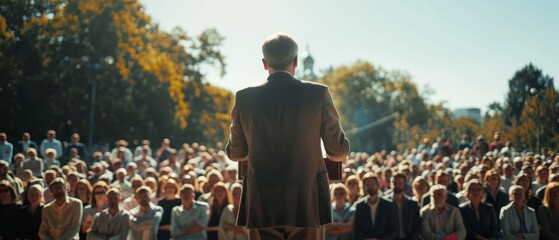 A politician giving a speech to an attentive crowd