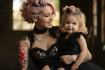 Gothic mother with black lace dress, tattoos and pink hair holding small cute toddler girl on arm