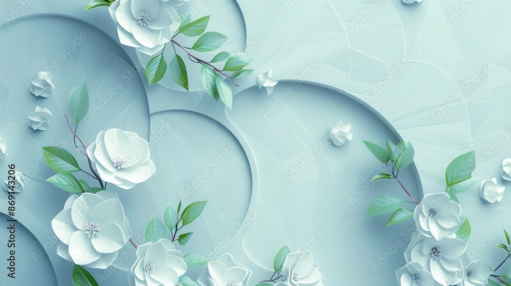 Poster a modern, minimalist image featuring white flowers and green leaves arranged on a blue geometric bac