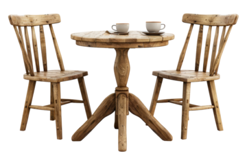 Wooden table and chair with coffee isolated on transparent background
