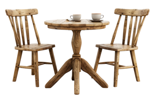 Wooden table and chair with coffee isolated on transparent background