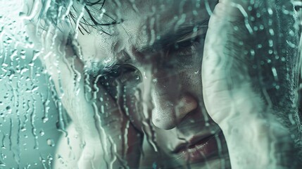 A Close-Up of a Man's Face Behind Wet Glass