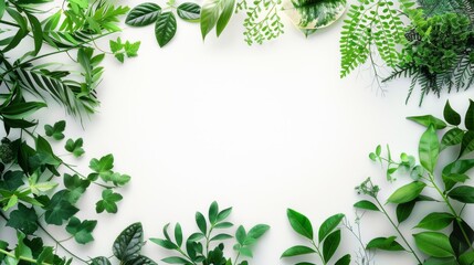 Fototapeta premium Green leaves of the plant border the empty space on a white background.