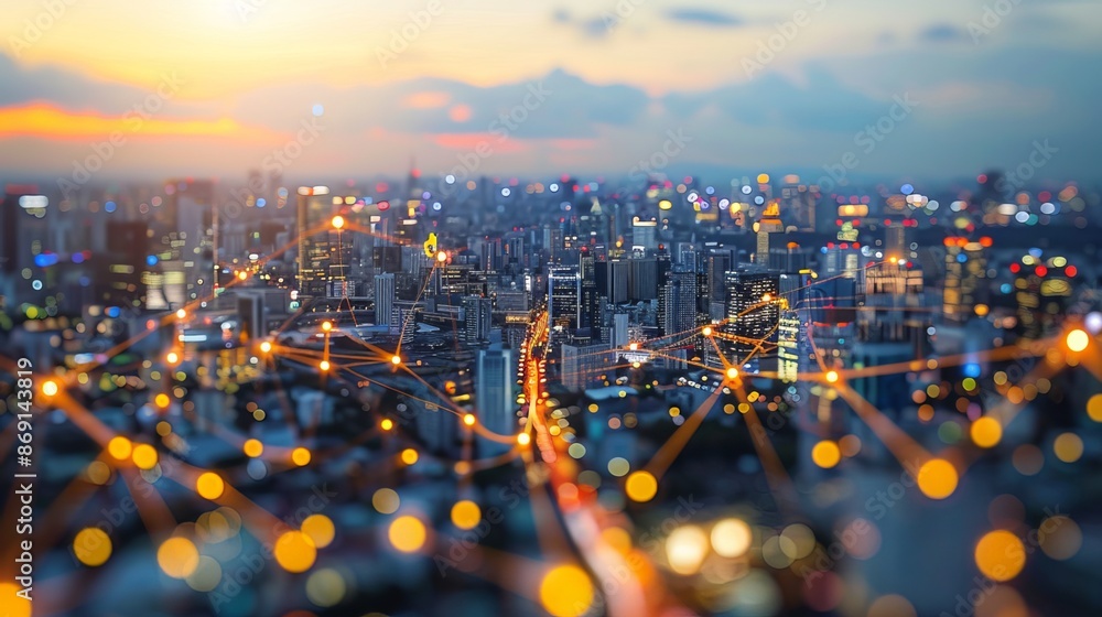 Poster technology connects smart cities and abstract dots through flowing lines, representing the interconn