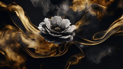 llustration of Abstract Smokey black and gold background with floatin flower