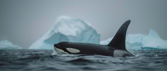 Naklejka premium Majestic Orca Whale Swimming near Massive Iceberg with Dorsal Fin in