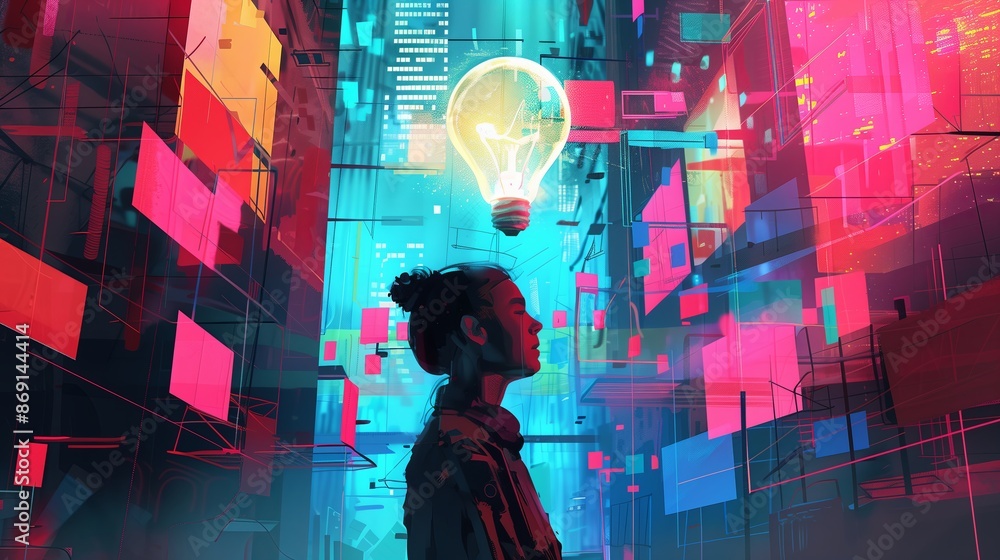 Poster conceptual painting of a futuristic cityscape with vivid colors and imaginative elements. ideal for