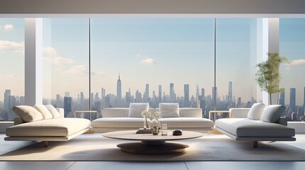 Interior of the living room with panoramic windows.Large room with sofa and table. Large windows with a view of the city