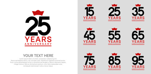 anniversary logotype set. black color and red crown can be use for celebration event