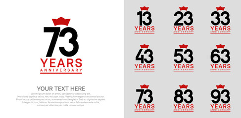 anniversary logotype set. black color and red crown can be use for celebration event