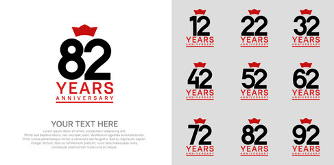 anniversary logotype set. black color and red crown can be use for celebration event