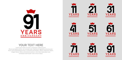 anniversary logotype set. black color and red crown can be use for celebration event