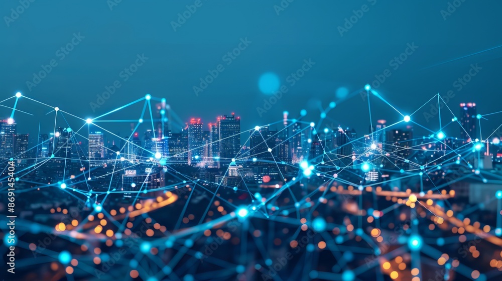 Poster technology connects smart cities and abstract dots through flowing lines, representing the interconn