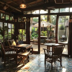 Fototapeta premium Cozy Wooden Cabin Interior with Patio View