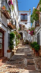 Obraz premium Cobblestone Street in White Spanish Village
