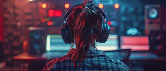 Obraz premium Creative Professional in Stylish Recording Studio with Large Headphones - Modern Audio Production Atmosphere