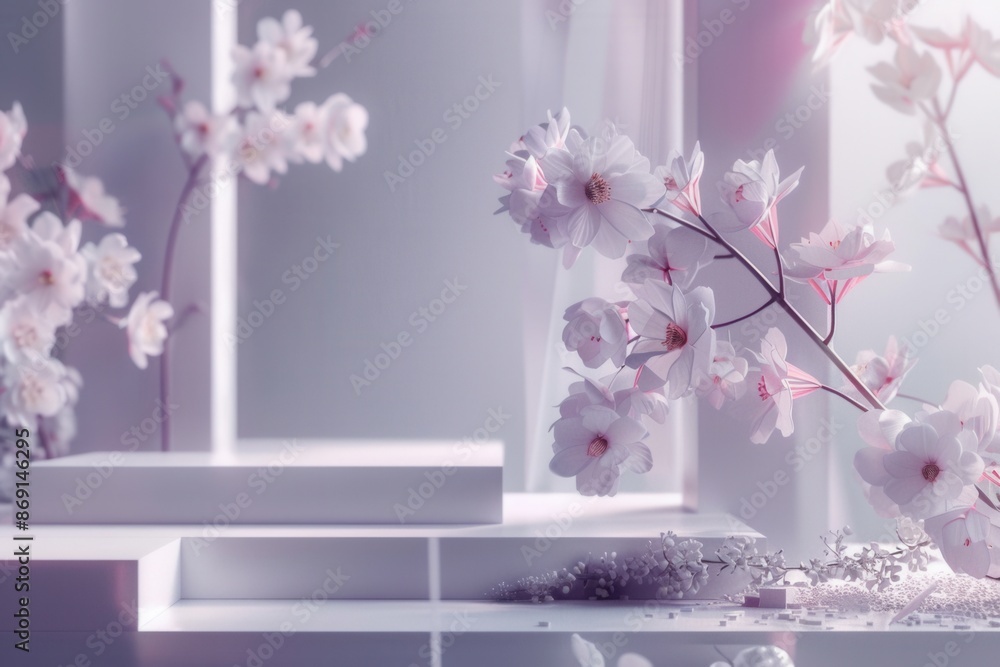 Poster A close-up image featuring geometric floral patterns on a white platform, creating a contemporary and clean aesthetic. Generative AI