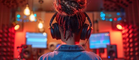 Modern Artist in Stylish Recording Studio with Oversized Headphones from Back Perspective