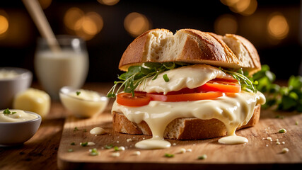 chef's hand skillfully spreading creamy mayonnaise on a freshly toasted gourmet sandwich. The kitchen background is softly blurred
