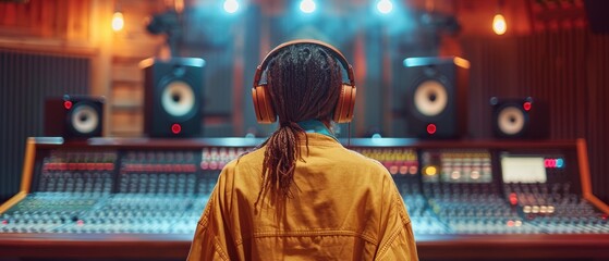 Obraz premium Immersed in Sound: Stylishly Clad Person in Recording Studio with Advanced Equipment, Back View