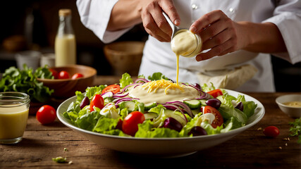 drizzling mayonnaise over a colorful, freshly prepared salad. The shot focuses on the smooth, glossy texture of the mayo contrasting with the vibrant vegetables