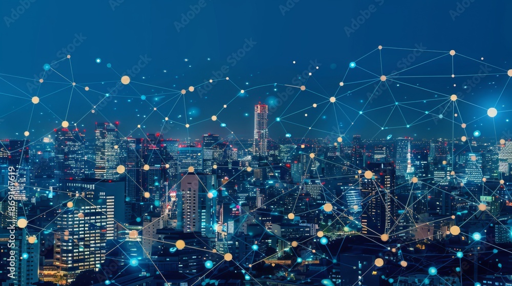 Poster technology connects smart cities and abstract dots through flowing lines, representing the interconn