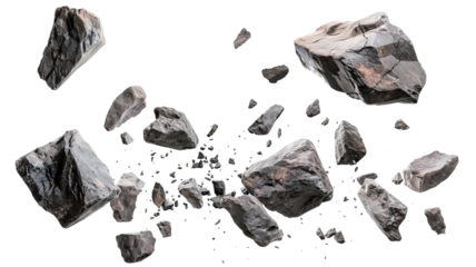Gray rocks falling through the air, cut out