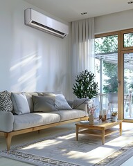 Modern bright living room interior with air conditioning. 3D rendering. 