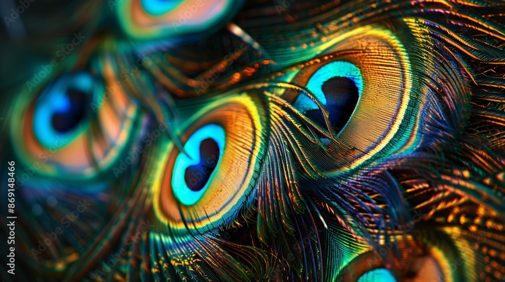 Poster a detailed photo of vibrant peacock feathers showcases intricate patterns and shimmering iridescence