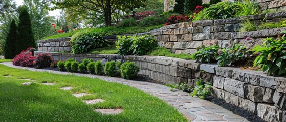 Naklejka premium Retaining Wall Design with Concrete and Stone Collar for Garden and Park Landscaping amidst Nature's Beauty
