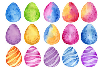 Watercolor set of colorful eggs. Happy Easter decor elements. Spring catholic holiday clipart.