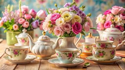 Vintage Britain style tea party with beautiful flowers and tea set , vintage, britain, style, tea party, flowers